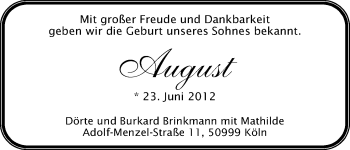 Babyanzeige von August Brinkmann von WESER-KURIER