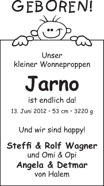 Babyanzeige von Jarno Wagner von WESER-KURIER