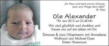 Babyanzeige von Ole Alexander Hüsemann von WESER-KURIER
