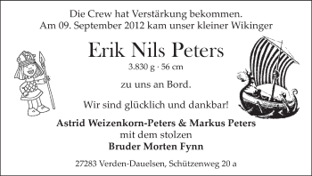 Babyanzeige von Erik Nils Peters von WESER-KURIER