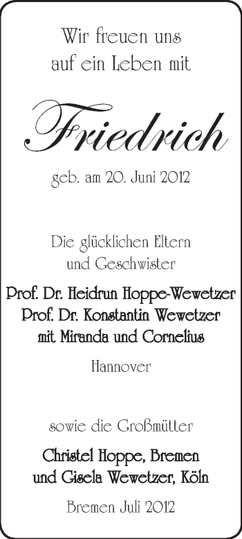 Babyanzeige von Friedrich Wewetzer von WESER-KURIER