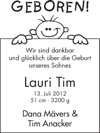 Babyanzeige von Lauri Tim  von WESER-KURIER
