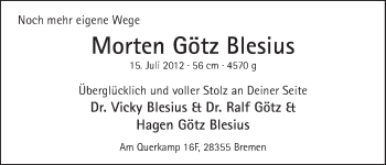 Babyanzeige von Morten Götz Blesius von WESER-KURIER