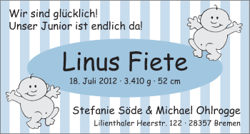 Babyanzeige von Linus Fiete  von WESER-KURIER
