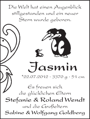 Babyanzeige von Jasmin Wendt von WESER-KURIER