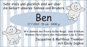 Babyanzeige von Ben Trenkler von WESER-KURIER