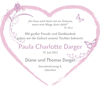 Babyanzeige von Paula Charlotte Darger von WESER-KURIER