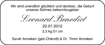 Babyanzeige von Leonard Benedict Anneken von WESER-KURIER