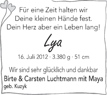 Babyanzeige von Lya Luchtmann von WESER-KURIER