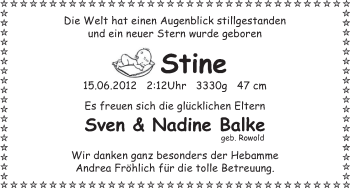 Babyanzeige von Stine Balke von WESER-KURIER