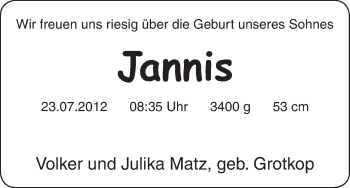 Babyanzeige von Jannis Matz von WESER-KURIER