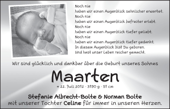 Babyanzeige von Maarten Bolte von WESER-KURIER