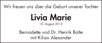 Babyanzeige von Livia Marie Bolte von WESER-KURIER