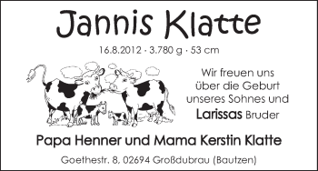 Babyanzeige von Jannis Klatte von WESER-KURIER