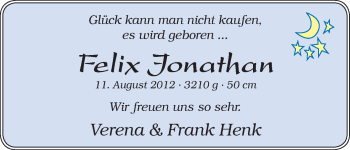 Babyanzeige von Felix Jonathan Henk von WESER-KURIER