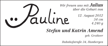 Babyanzeige von Pauline Amend von WESER-KURIER