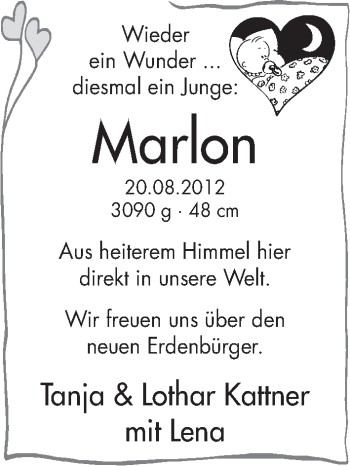 Babyanzeige von Marlon Kattner von WESER-KURIER