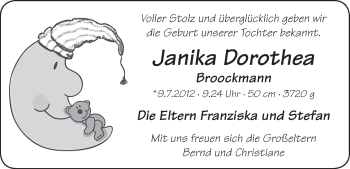 Babyanzeige von Janika Dorothea Broockmann von WESER-KURIER
