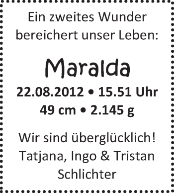 Babyanzeige von Maralda  von WESER-KURIER
