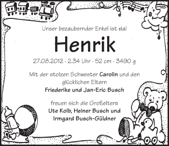 Babyanzeige von Henrik Busch von WESER-KURIER