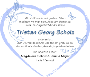 Babyanzeige von Tristan Georg Scholz von WESER-KURIER