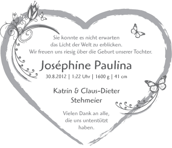 Babyanzeige von Joséphine Paulina Stehmeier von WESER-KURIER