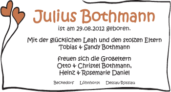 Babyanzeige von Julius Bothmann von WESER-KURIER