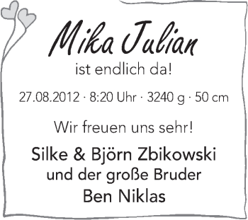 Babyanzeige von Mika Julian Zbikowski von WESER-KURIER