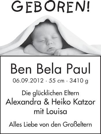 Babyanzeige von Ben Bela Paul Katzor von WESER-KURIER
