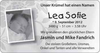 Babyanzeige von Lea Sofie Fandrich von WESER-KURIER