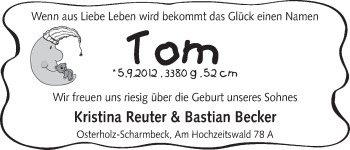 Babyanzeige von Tom  von WESER-KURIER