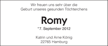 Babyanzeige von Romy König von WESER-KURIER