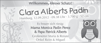 Babyanzeige von Clara Alberts Padin von WESER-KURIER