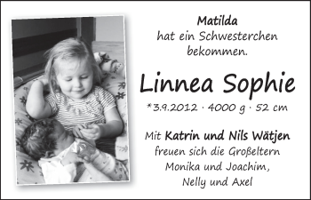 Babyanzeige von Linnea Sophie Wätjen von WESER-KURIER