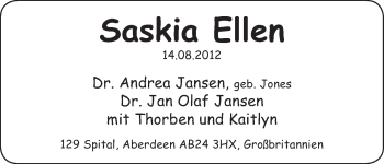 Babyanzeige von Saskia Ellen Jansen von WESER-KURIER