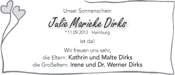 Babyanzeige von Julie Marieke Dirks von WESER-KURIER