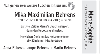 Babyanzeige von Mika Maximilian Behrens von WESER-KURIER