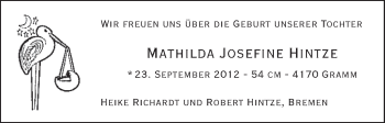 Babyanzeige von Mathilda Josefine Hintze von WESER-KURIER