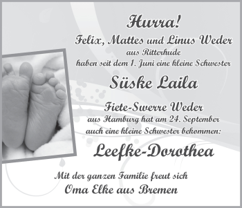 Babyanzeige von Süske Laila Weder von WESER-KURIER
