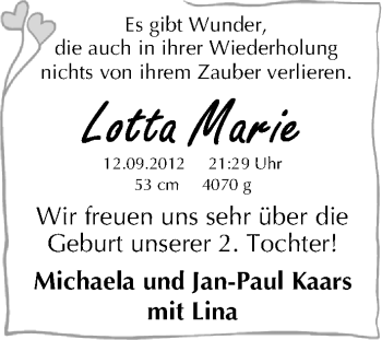 Babyanzeige von Lotta Marie Kaars von WESER-KURIER