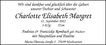 Babyanzeige von Charlotte Elisabeth Margret Rombach von WESER-KURIER