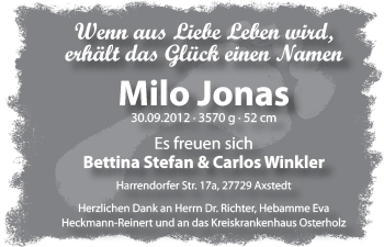 Babyanzeige von Milo Jonas  von WESER-KURIER
