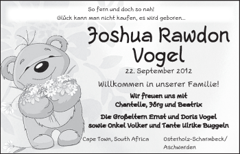 Babyanzeige von Joshua Rawdon Vogel von WESER-KURIER