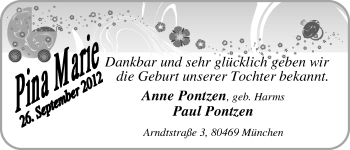 Babyanzeige von Pina Marie Pontzen von WESER-KURIER