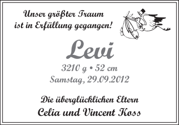Babyanzeige von Levi Koss von WESER-KURIER