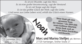 Babyanzeige von Noah Stelljes von WESER-KURIER