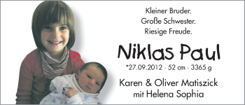 Babyanzeige von Niklas Paul Matiszick von WESER-KURIER