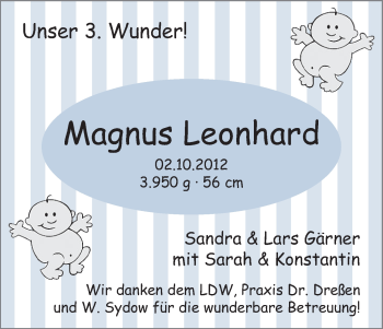 Babyanzeige von Magnus Leonhard Gärner von WESER-KURIER