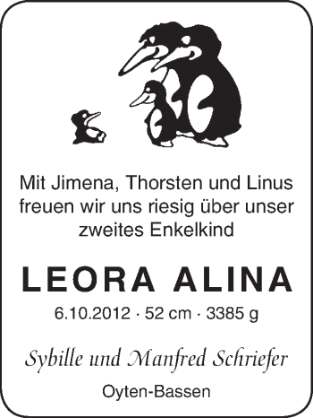 Babyanzeige von Leora Alina Schriefer von WESER-KURIER