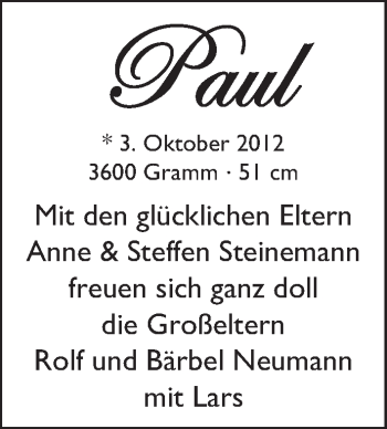 Babyanzeige von Paul Steinemann von WESER-KURIER